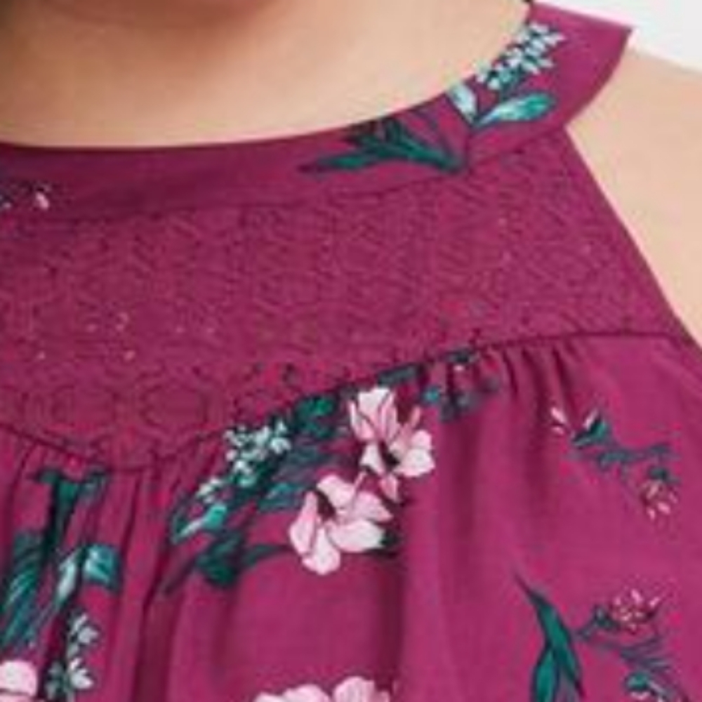 NWOT TORRID Challis Ruffle Tank Lace Inset High-Neck Floral Print Berry Blouse - Picture 6 of 7